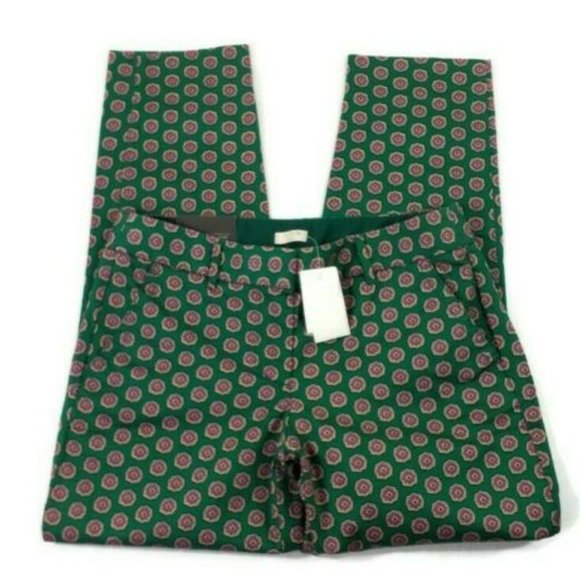 J. Crew Factory Green Pink Medallion Print City Fit Skimmer Pants Womens 0 - Picture 1 of 13